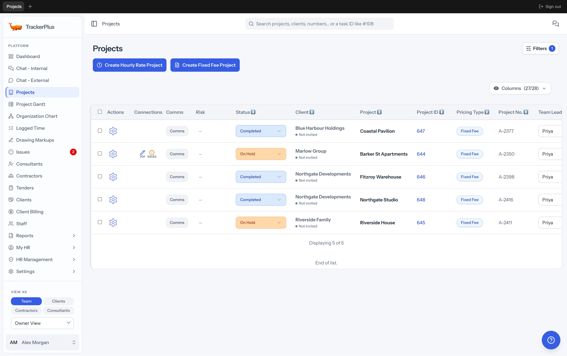 TrackerPlus Desktop showing the Projects page with the full navigation sidebar, project names, clients and statuses