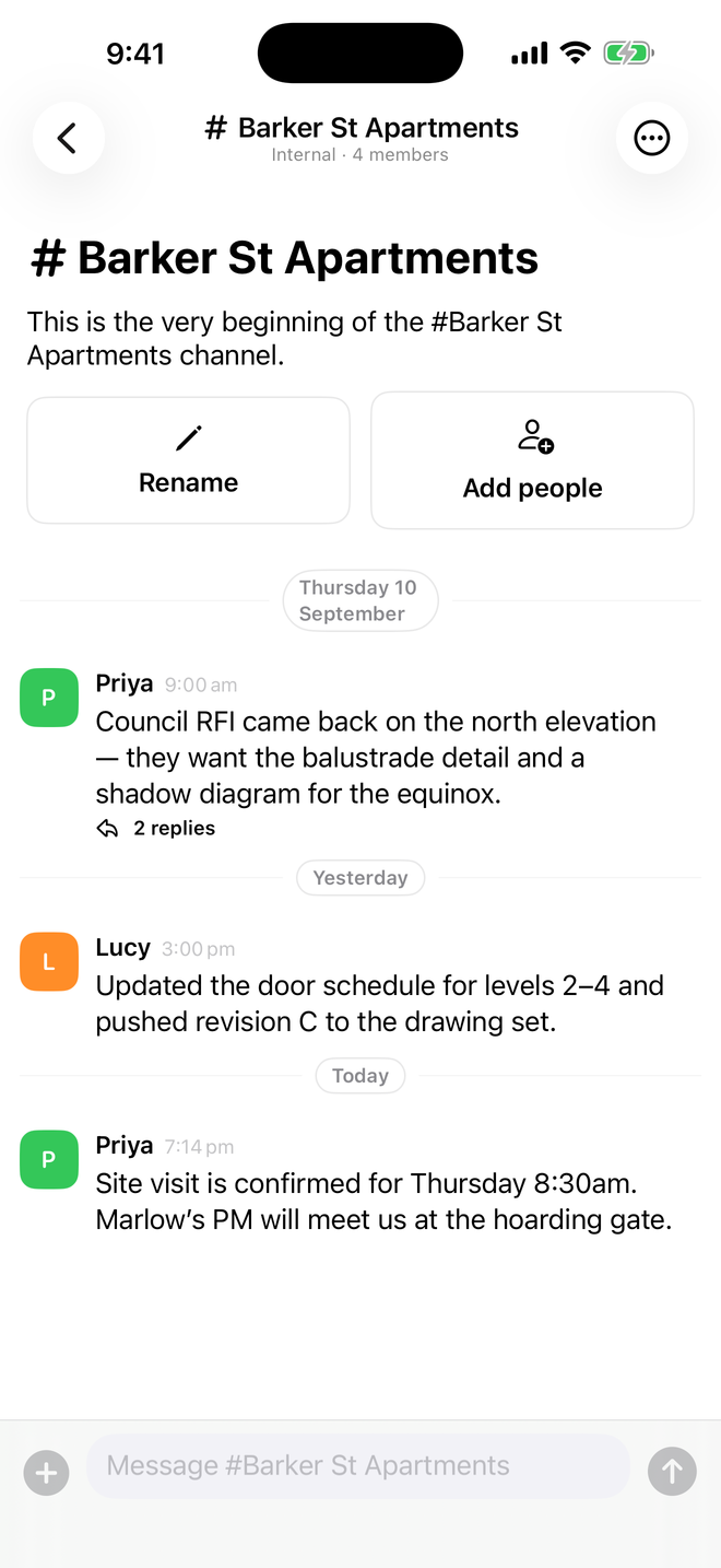 TrackerPlus on iPhone showing a team conversation about drawings and an upcoming site visit
