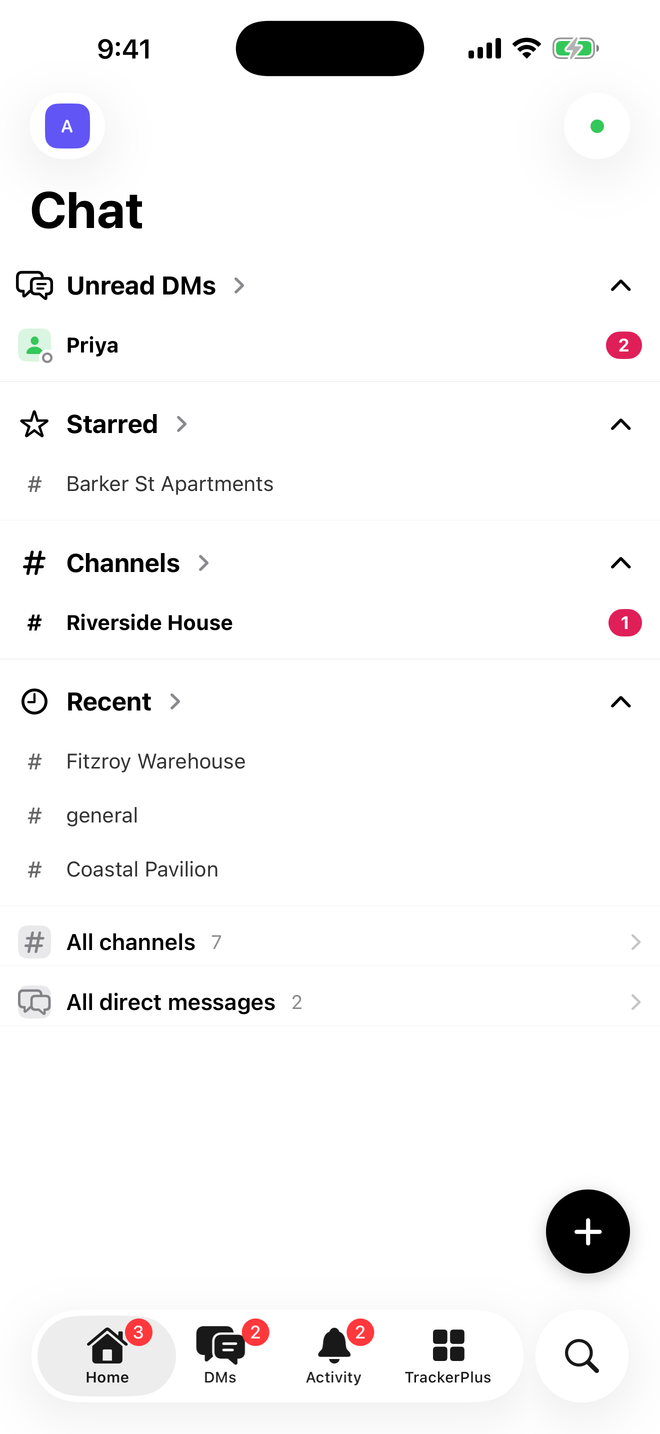 TrackerPlus on iPhone showing starred project channels and recent team conversations