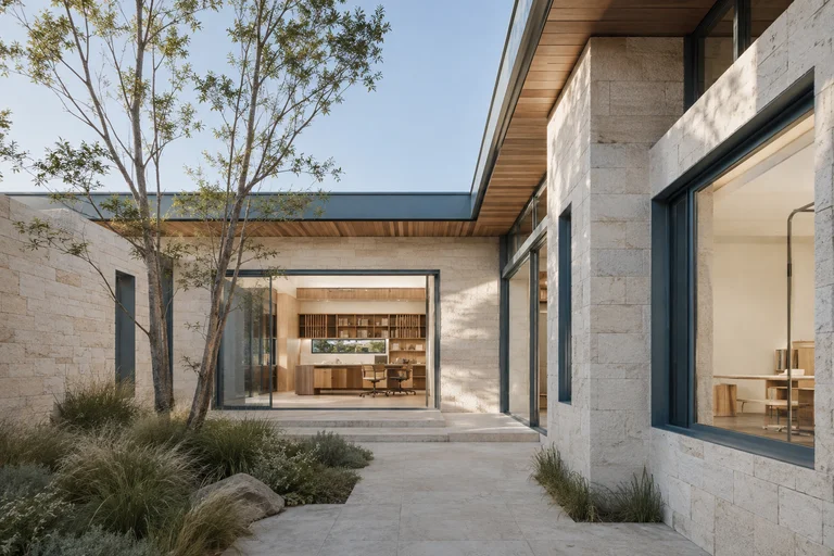 A completed contemporary courtyard with timber, stone and carefully framed garden views