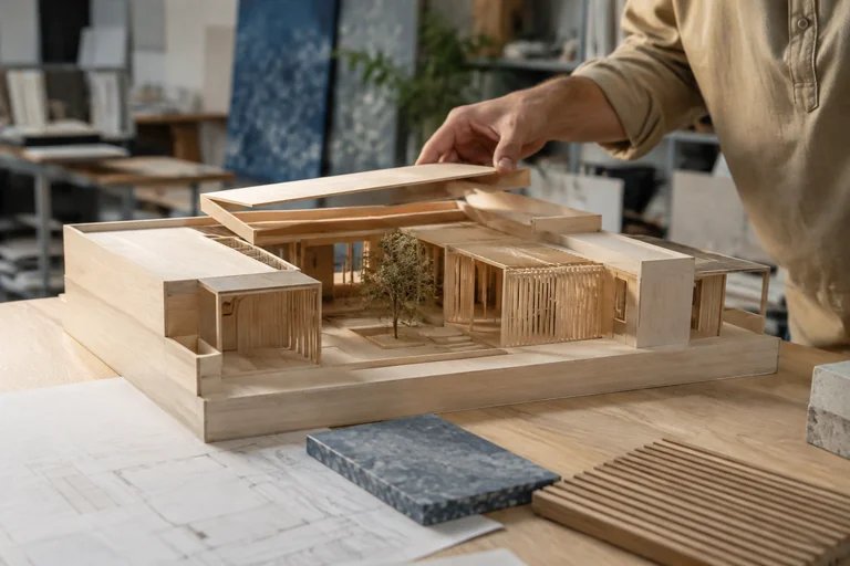 A detailed physical building model on an architectural studio worktable