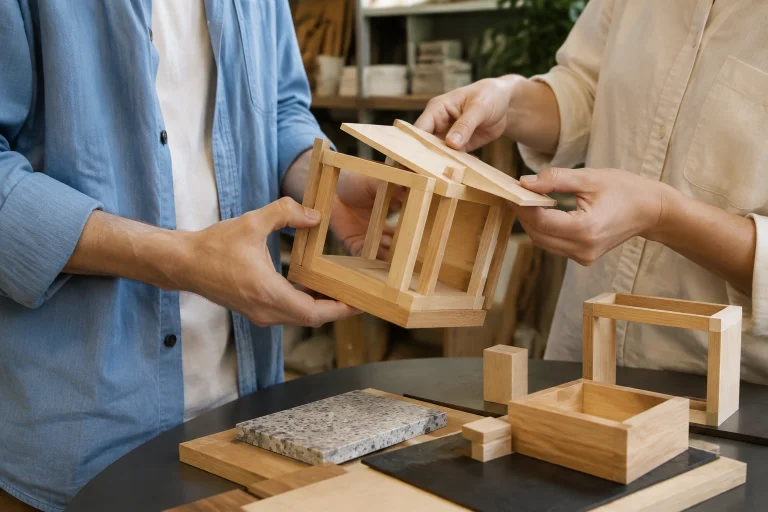 Two visitors testing a removable roof on a small timber frame model during a materials workshop
