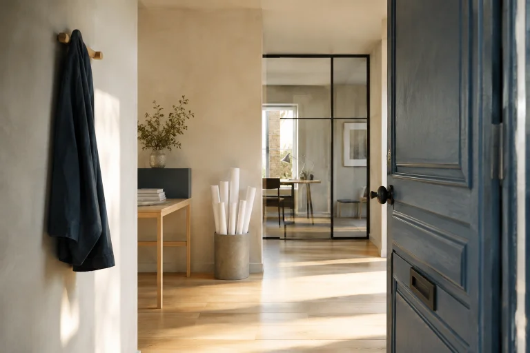 Morning light entering an architecture studio beside a hanging coat and rolled plans