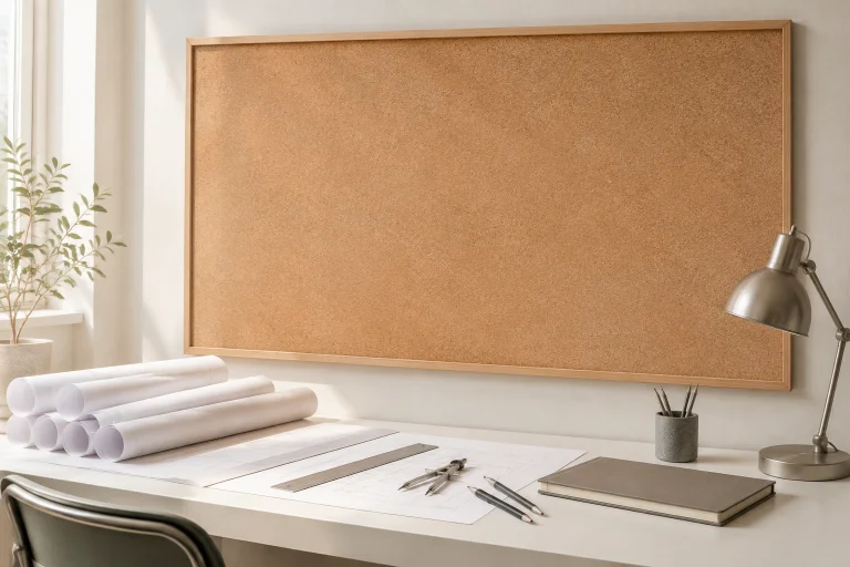 A new studio workspace with a blank pinboard, rolled drawings and carefully arranged architectural tools