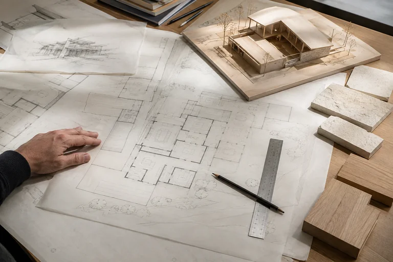 Layered architectural drawings, a timber model and pale stone samples on an architect’s worktable