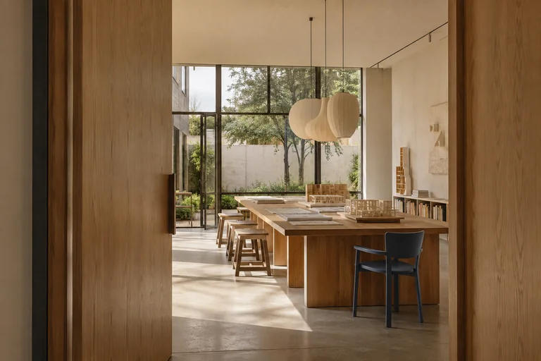 An open oak doorway leading into a sunlit architecture studio with models and a garden courtyard beyond