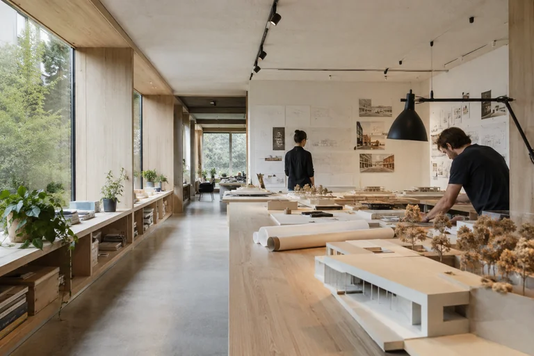 Architects working at a long timber table and reviewing a pin-up wall in a light-filled studio