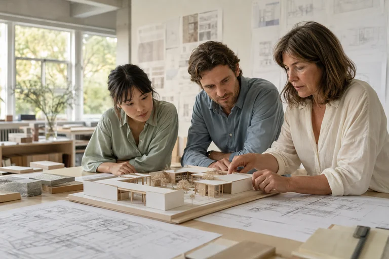 Architects collaborating around drawings in a bright design studio